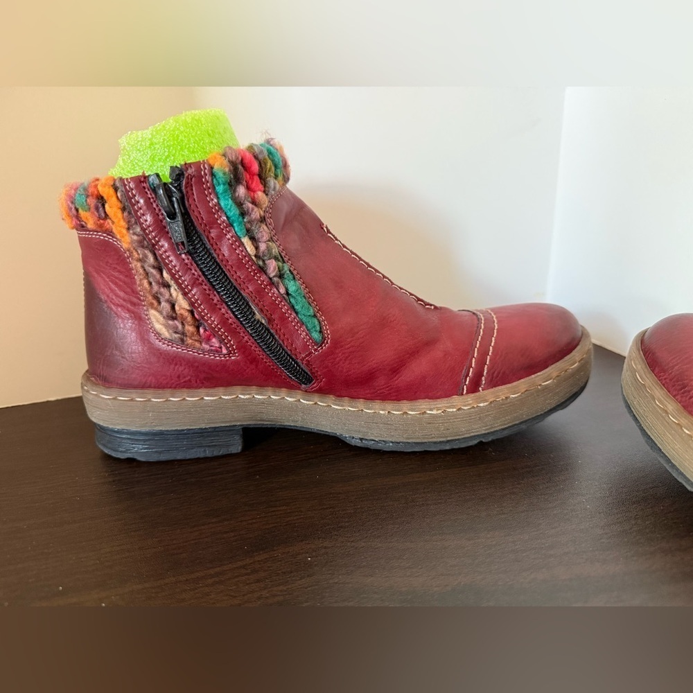 Rieker Red Ankle Boots with Colorful Knit Trim womens size 38 - Picture 4 of 7